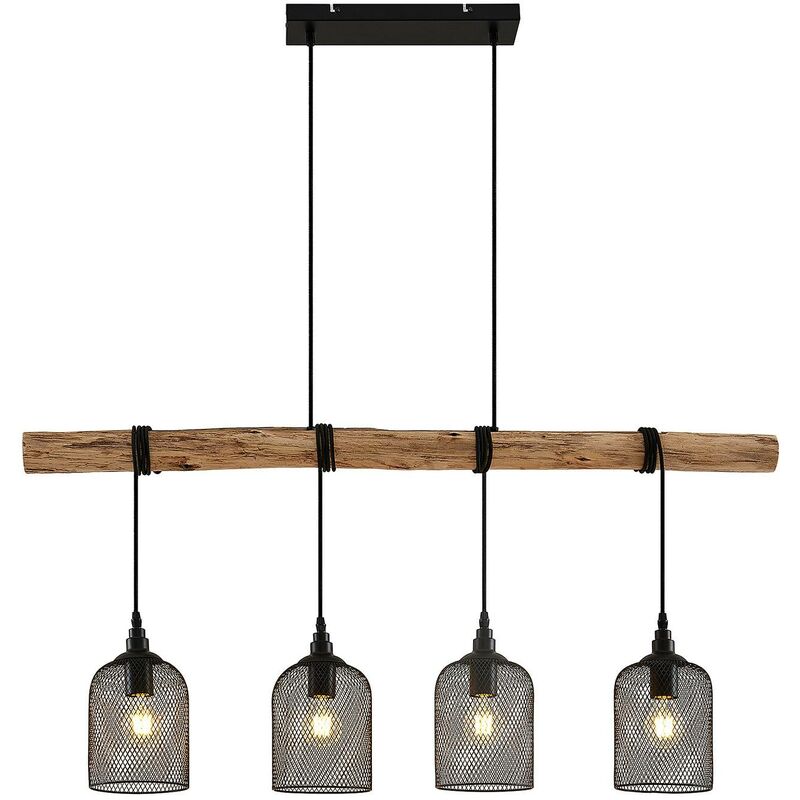 Image of Elrond lampada sospensione con legno 4 luci - nero satinato, legno chiaro - Lindby