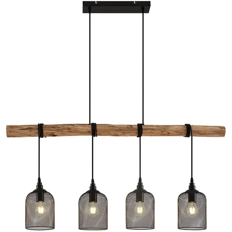 Image of Elrond lampada sospensione con legno 4 luci - nero satinato, legno chiaro - Lindby