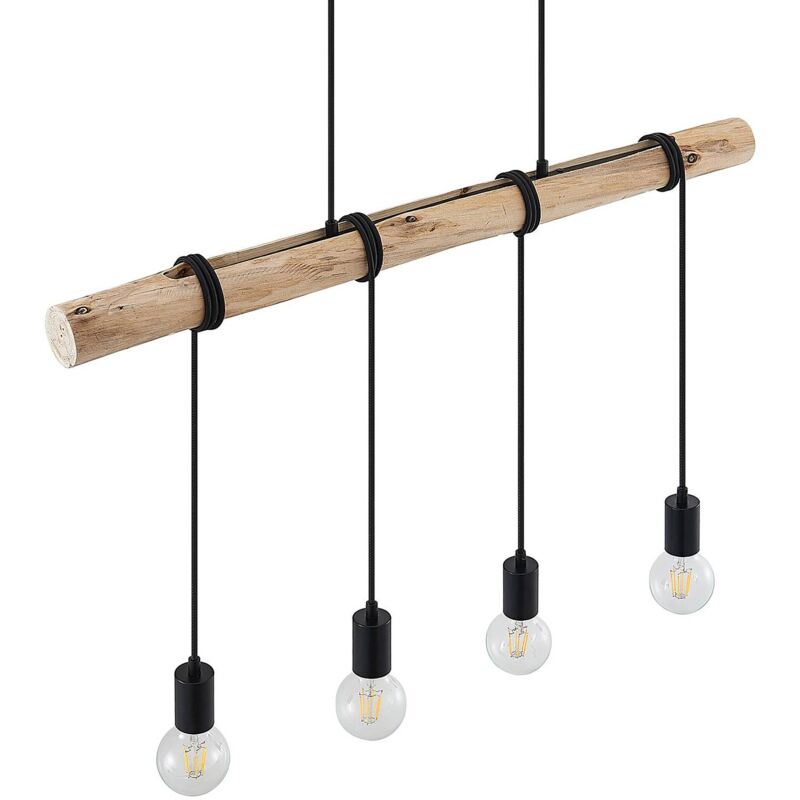 Image of Ferris lampada sospensione di legno, 4 luci - legno chiaro, nero satinato - Lindby