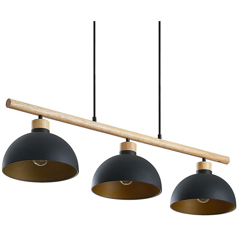 Image of Tirzana lampada a sospensione, 3 luci, nero - nero, oro, legno chiaro - Lindby