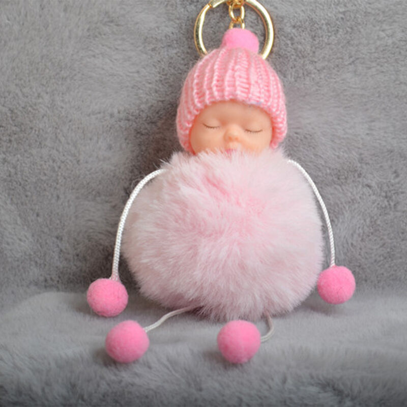 

Lindo muneco de pie de bebe durmiente de piel falsa llavero de bola esponjosa llavero de coche llavero de mujer BagCharm joyeria Color rosa bebe