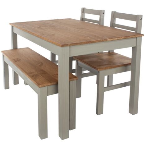 Linea 1500 mm Large Rectangular Dining Table with Bench and 2 Corona Dining Chairs - Antique Waxed Pine/Grey - Flat Packed