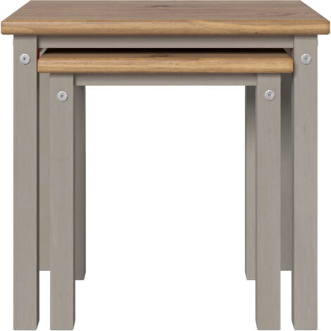 Linea Nest Tables (Set of 2) - Pine - L35 x W53 x H51.1 cm - Grey/Antique Waxed Pine - Flat Packed