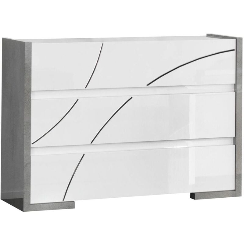 LINEAL - Commode 3 Tiroirs Laquée Blanc et Gris Béton avec Détails Chromés