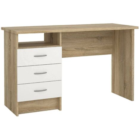 Linearer Schreibtisch mit drei Schubladen, Farbe Eiche weiß, Maße 120 x 72 x 48 cm