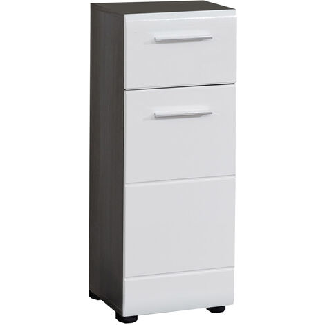 LineBad Armoire de toilette, 1 porte, 1 tiroir, argent fumé, blanc brillant.