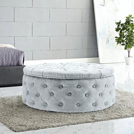 Linen Round Chesterfield Buttoned Footstool studded Edge, Grey White