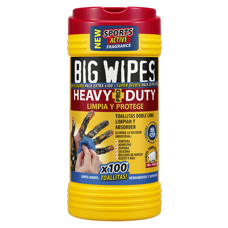 Big Wipes - tube 100 lingettes heavy duty. Lingettes nettoyantes pour peintures, silicones, colles, graisses et autres salissures.