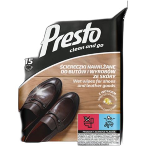 Lingettes ménagères Presto pour nettoyer les chaussures et les produits en cuir 15 pièces.