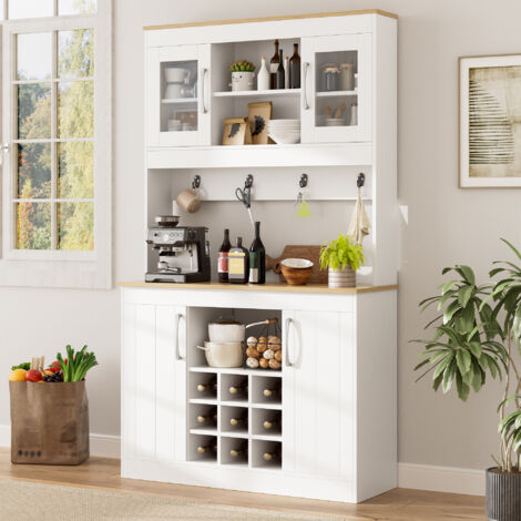 LINHOO Buffet de Cuisine 175 cm avec Vitrines, Porte-Bouteilles et Crochets