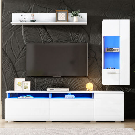 LINHOO Ensemble TV 3 Pièces LED avec Meuble TV, Vitrine et Étagère Murale Blanc