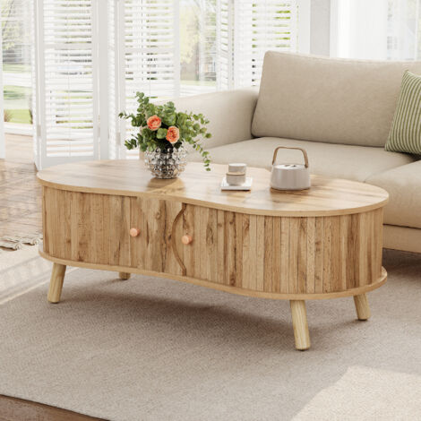 LINHOO Table Basse Forme Haricot avec Portes Coulissantes, Façade Rainurée, Rangement, Design Moderne Bois
