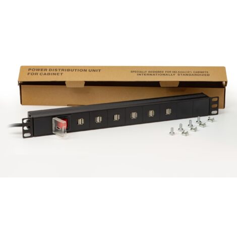 Link multipresa 1U 19" per armadi rack LK10064-12 prese USB 3,4A ricarica dispositivi mobili con interruttore LED e 6 prese universali/Schuko, metallo 1 unità, 48,5x4,5x4,5. Alette reversibili.