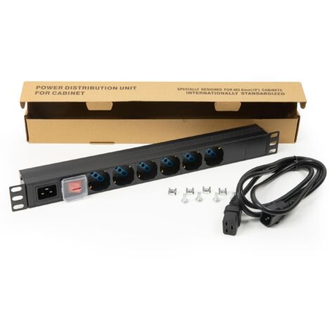 Link multipresa da rack LK10062C con 6 prese universali Schuko/italiane tripolari UNEL 2P+T 16A con connettore maschio C20 in metallo per armadi rack 19”, misure 48,5x4,5x4,5. Alette reversibili.