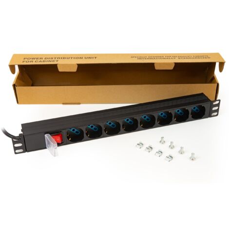 Link multipresa da rack LK10065 con 8 prese universali/Schuko/tripolari, con interruttore e spina C14. Per rack 19”, in metallo resistente, 3,5KW, misure 48,5x4,5x4,5. Alette reversibili.