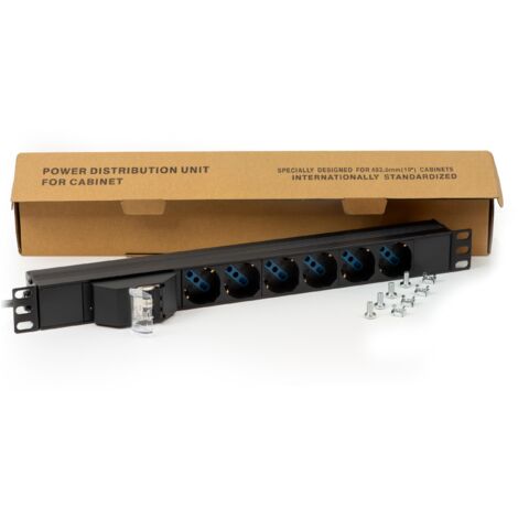 Link multipresa elettrica LK100503 per rack 19" con magnetotermico e 6 prese universali tripolari/Schuko in metallo. Cavo da 3 metri e spina italiana 16°, misure 48,5x4,5x4,5. Alette reversibili.