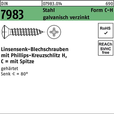 Linsensenkblechschraube DIN 7983 m.Kreuzschlitz-PH C 4,8 x 16 -HStahl gehärtet galvanisch verzinkt 500 Stück