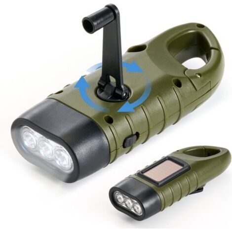 Linterna 3 en 1 con manivela - Sin pilas, recargable - LED con clip - Iluminación de emergencia verde para acampar