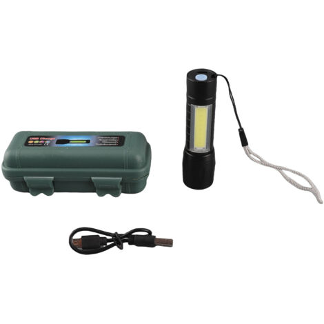 Linterna compacta recargable USB de 10 W de alta luminosidad, color negro, para uso en exteriores.