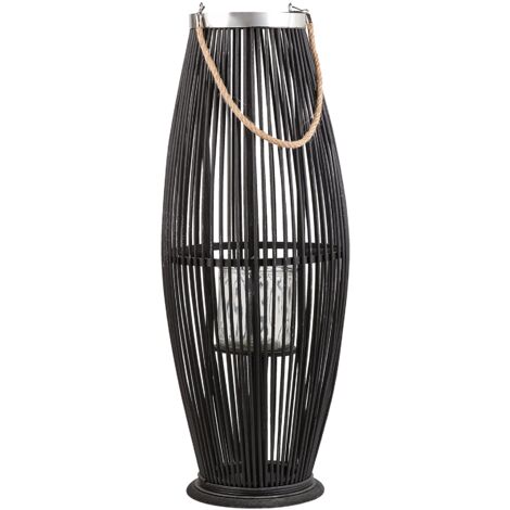 Linterna de bambú madera negra y vidrio 72 cm interior exterior tejido candelero escandinavo boho Tahiti