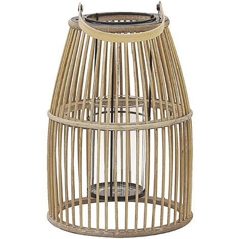 Linterna de madera de bambú beige 32 cm soporte de vidrio estilo boho para interior y exterior Hoste