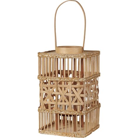 Linterna de madera de bambú natural 35 cm portavelas de vidrio boho Lumbis