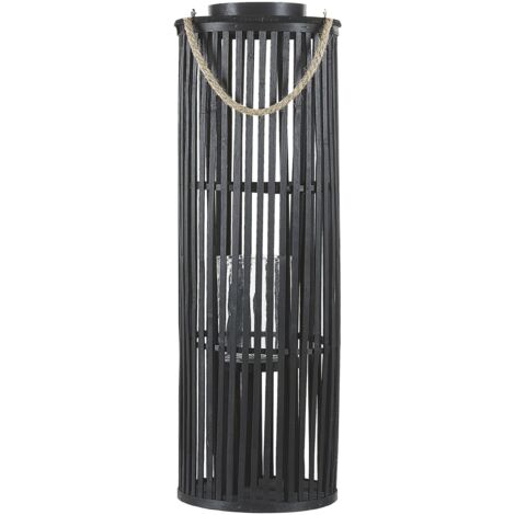 Linterna de madera de sauce negra 80 cm con portavelas estilo boho natural Luzon