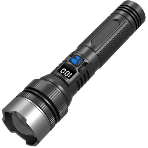 Linterna exterior ultrabrillante e impermeable con enfoque ajustable e indicador de carga, ideal para acampar, andar en bicicleta, hacer senderismo y para emergencias en el hogar.