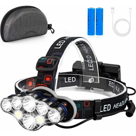 Linterna frontal, 18000 lúmenes, 8 LED, 8 modos de iluminación, linterna frontal LED ultra potente, recargable por USB, ajustable a 90°, resistente al agua y ligera para pesca, camping, lectura, sende