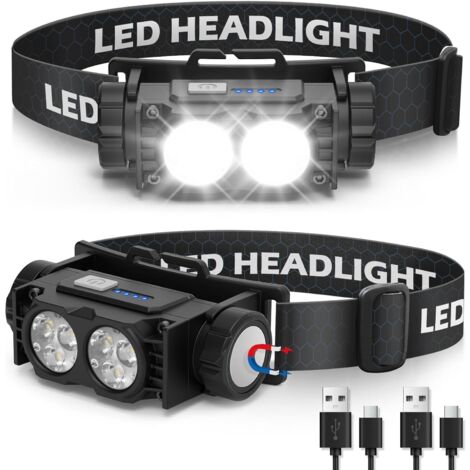 Linterna Frontal 2 Piezas, Linterna Frontal LED Ultra Potente 2000 Lúmenes, USB, Linterna Frontal 3 Modos IPX5, Camping, Ciclismo, Correr