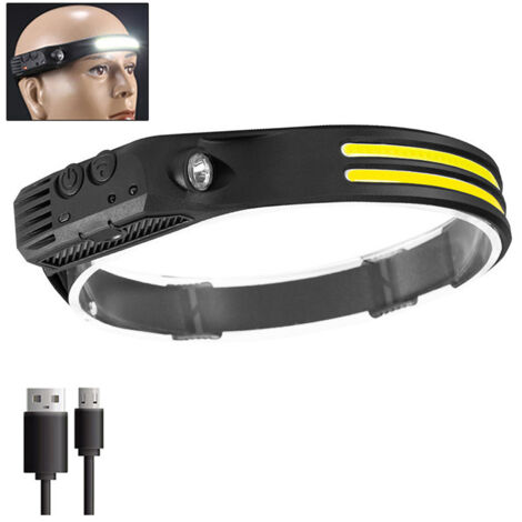 Linterna frontal con sensor LED COB, recargable por USB, 5 modos de iluminación (blanco COB + blanco).