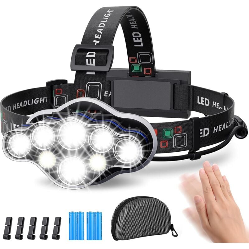 Jalleria - Linterna frontal de 18 000 lúmenes, 8 led, 8 modos de iluminación, ultrapotente, recargable por usb, ajustable a 90°, impermeable y