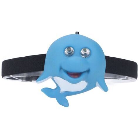 Linterna frontal infantil con forma de delfín azul, de plástico ecológico, con 2 modos de iluminación y alimentación portátil a pilas para uso en exteriores.
