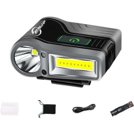 Linterna frontal LED con clip, impermeable, recargable, potente y con sensor de luz para pescar, correr, acampar, leer y pasear al perro (negra).