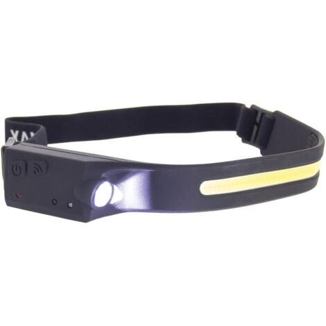 Linterna frontal LED con sensor - Recargable por USB - Potente iluminación dual: 120 lúmenes y 300 lúmenes - con sensor de movimiento integrado - Compacta y ligera - Negra