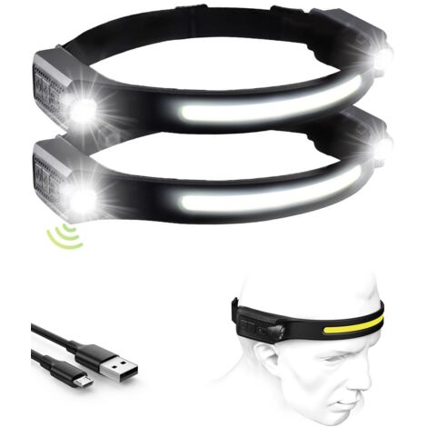 Linterna frontal LED recargable, 1200 lúmenes, doble luz, 12 horas de batería, 5 modos de iluminación, ligera, con sensor de movimiento, resistente al agua IPX4 (negra, paquete de 2)