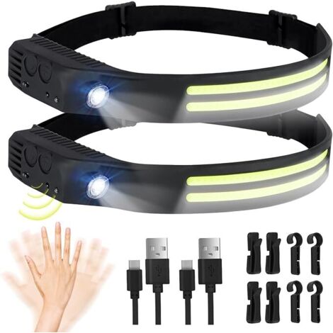 Linterna frontal LED recargable, 2 luces LED superbrillantes de 450 lux con 5 modos, lámpara frontal de 1500 mAh, lámpara frontal LED con ángulo ultra gran angular de 230°, luz de 95 g, resistente al 