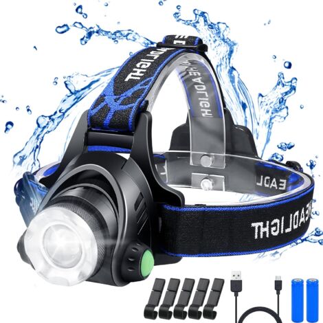 Linterna frontal LED recargable de 1200 lúmenes, IP64, resistente al agua, con zoom, 3 modos, cable USB, 2 baterías 18650 con luz indicadora para acampar, pescar, andar en bicicleta, hacer senderismo,