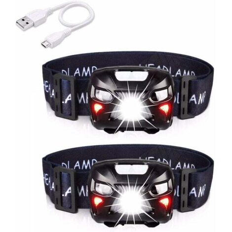 Linterna frontal LED recargable por USB (2 unidades), potente, 400 lúmenes, 8 modos de iluminación, resistente al agua IPX4 y sensor de movimiento para pesca, camping, senderismo, ciclismo y lectura.
