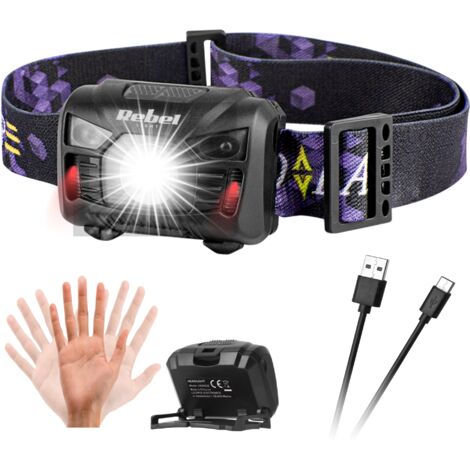 Linterna frontal LED recargable Rebel de 3 W con sensor de movimiento y carga USB.