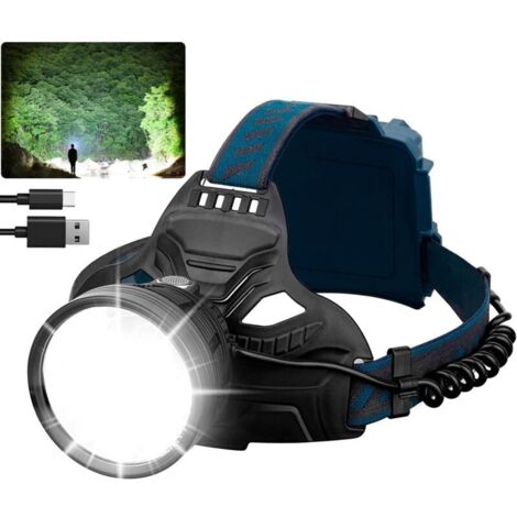Linterna frontal LED recargable, ultrapotente, de 50.000 lúmenes, con 4 modos y luz trasera roja, recargable por USB, 6000 mAh, resistente al agua, para camping, pesca y ciclismo.
