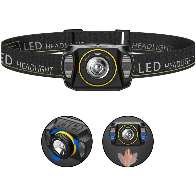 

Abcrital - Linterna frontal LED, sensor de luz con zoom, linterna de cabeza recargable por USB, potentes linternas de cabeza a prueba de agua para