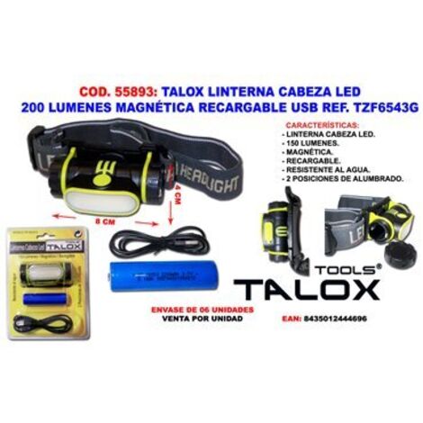 Linterna frontal LED TALOX 200 lúmenes magnética recargable USB
