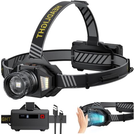 Linterna frontal LED ultra potente, 120000 lúmenes, recargable, con 12 modos, sensor y resistencia al agua IPX7, batería de 9000 mAh, ángulo de haz ajustable y zoom de 90°, cabezal extensible para aca