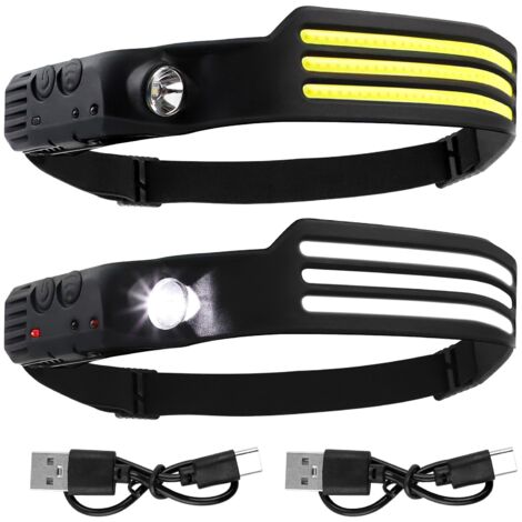 Linterna frontal LED ultra potente, paquete de 2 unidades, 800 lúmenes, superbrillante, recargable, con sensor de movimiento, 3 tiras de luz LED blancas, ángulo amplio de 230°, resistente al agua IPX4