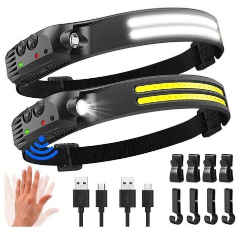Linterna frontal LED ultrabrillante KZQ, 2000 lúmenes, iluminación de 230°, linterna frontal recargable con sensor de movimiento a través de USB, resistente al agua IPX5, peso de 0.14 lb, ligera, para