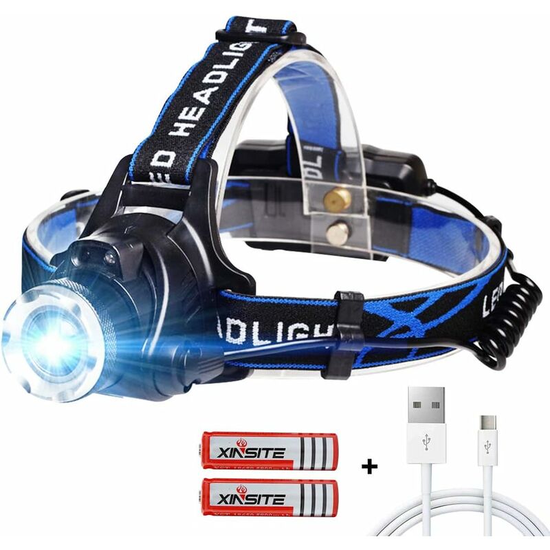 

Linterna frontal LED USB recargable con 3 modos de cable USB LED frontal y linterna de 2 baterías 18650 para pesca, camping, lectura, senderismo,