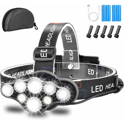 Linterna frontal, linterna frontal 18000 lúmenes 8 LED 8 modos de iluminación