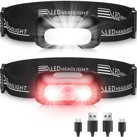 Linterna frontal, [paquete de 2] Linterna frontal LED recargable ultrapotente con 5 modos, luz blanca y roja e impermeable IPX4, linterna frontal ajustable a 60° para correr para adultos y niños