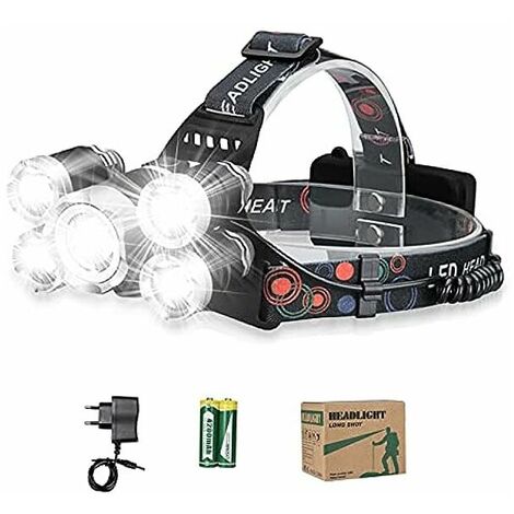 Linterna frontal recargable - 12000lm Iluminación potente Ultra USB Recargable 5 LED 4 Modos de iluminación IPX4 2 x 18650 para Camping Caza Pesca Escalada Senderismo [Clase de eficiencia energética A